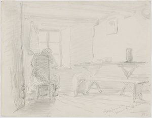 Chambre la Ferme de Maladrie, ca. 1861 (blyant på hvidt papir); af James Abbott McNeill Whistler